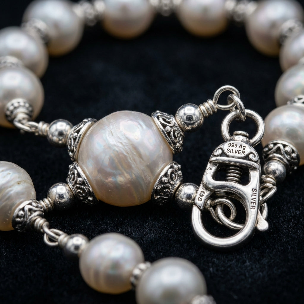 Extreme macro close-up of WCJ S999 Sterling Silver Pearl Bracelet clasp mechanism craftsmanship