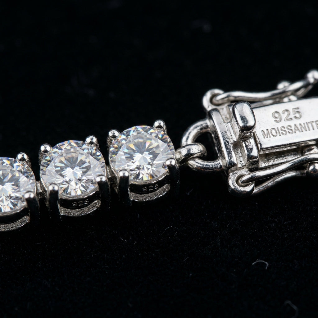 Extreme close-up of WCJ Moissanite Tennis Necklace pave prongs and sparkle detailing