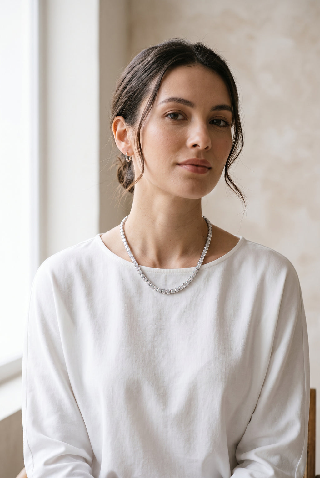 Elegant model styling the WCJ 925 Sterling Silver Moissanite Tennis Necklace