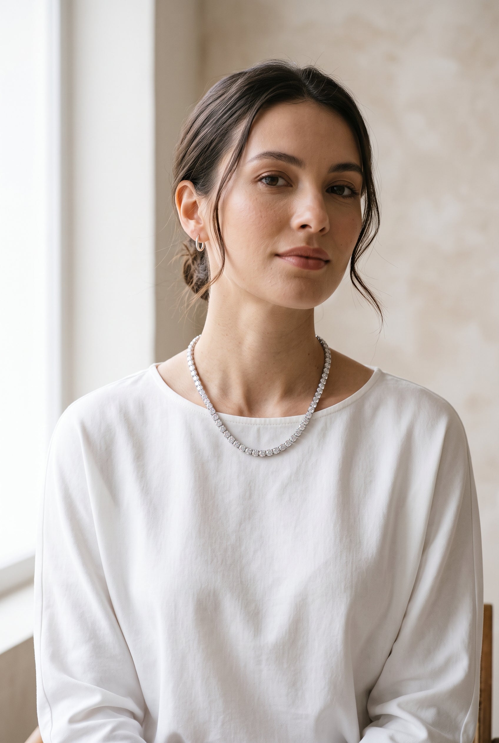 Elegant model styling the WCJ 925 Sterling Silver Moissanite Tennis Necklace
