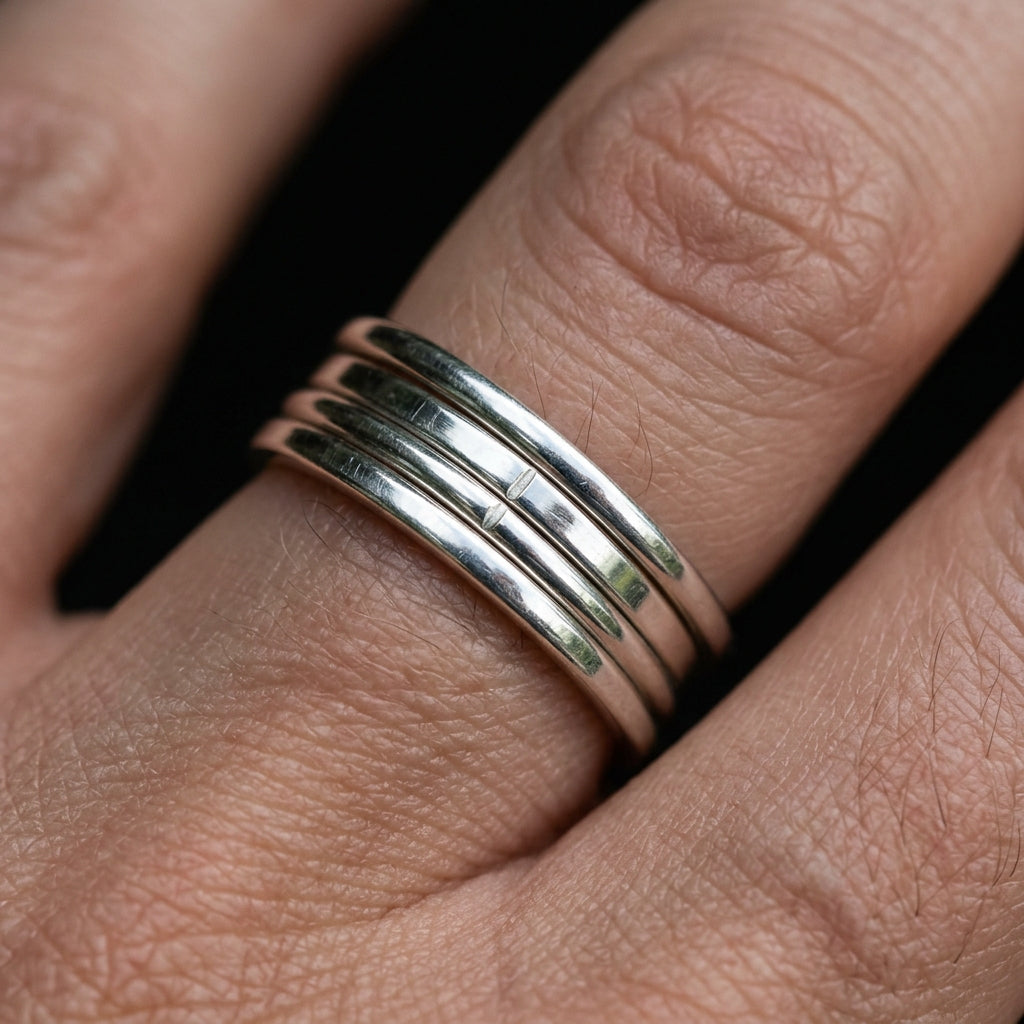 High resolution macro close-up of the ultra-thin solid bands and metal shine of WCJ Stacking Rings