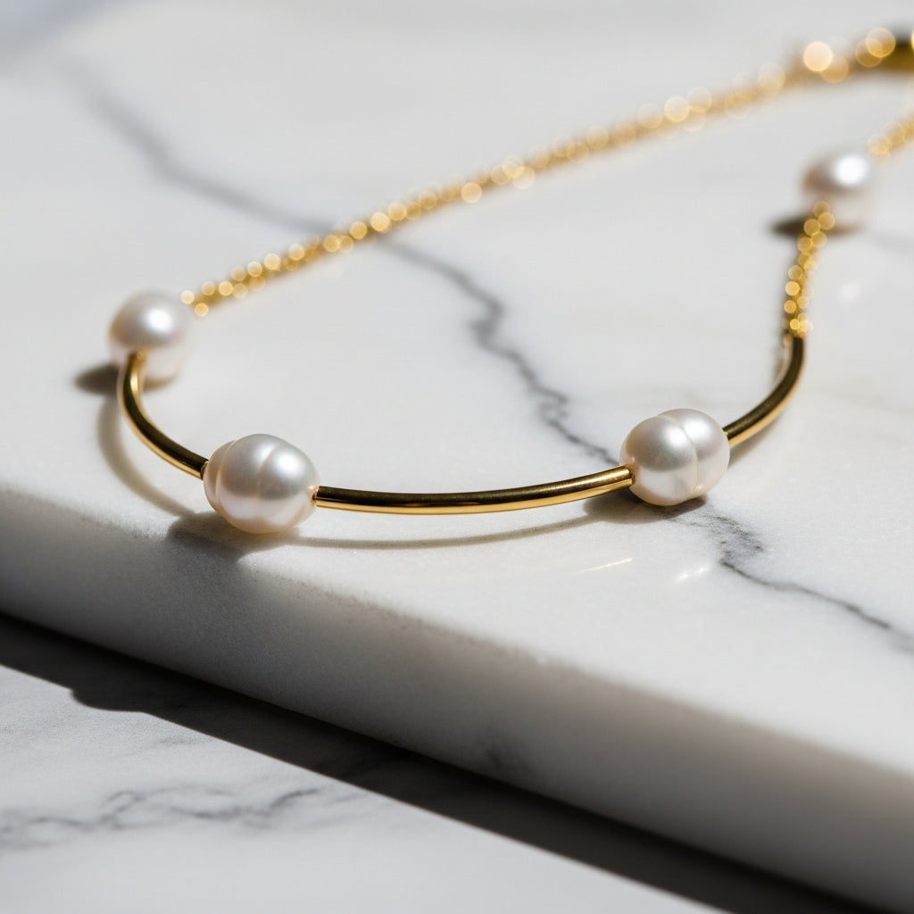 WCJ 18K Gold Plated Natural Freshwater Pearl Delicate Chain Necklace