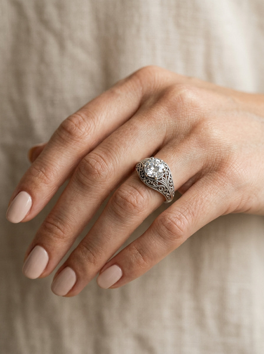 Vintage Silver Filigree CZ Ring - Editorial Model