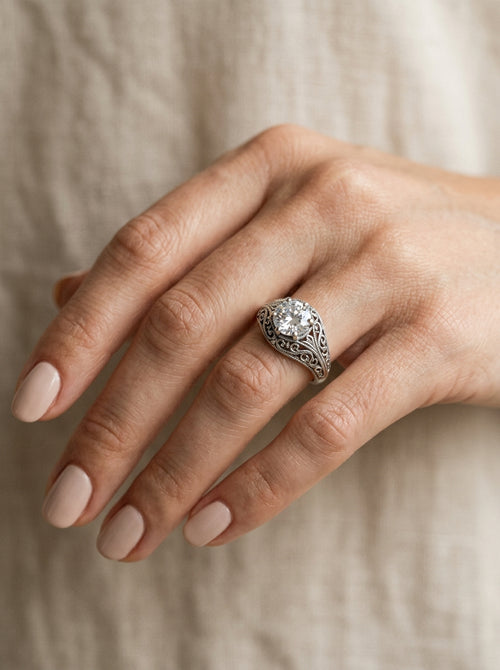 Vintage Silver Filigree CZ Ring - Editorial Model