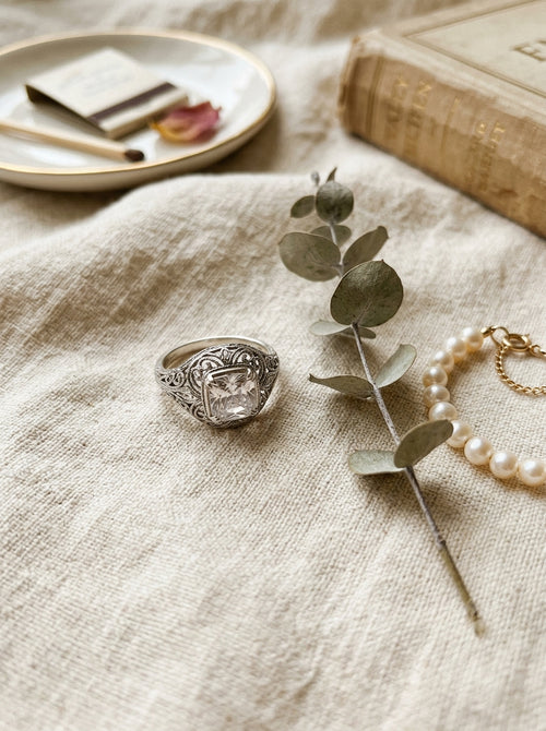 Vintage Silver Filigree CZ Ring - Lifestyle Flat Lay