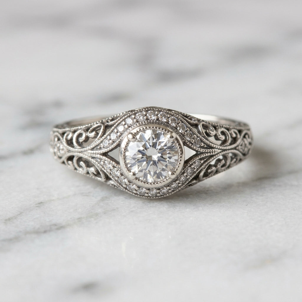 Vintage Silver Filigree CZ Ring | Victorian Style Stackable Band | B2B Wholesale Jewelry
